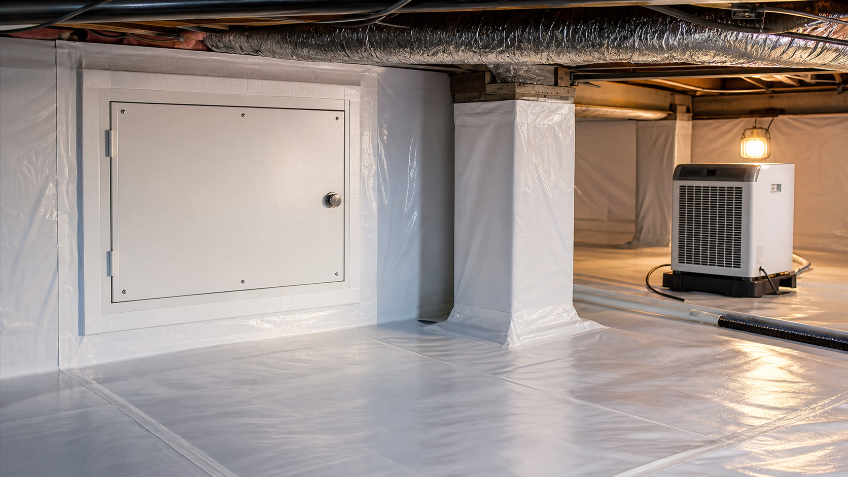 Crawl space access opening with a dehumidifier inside in Louisville, KY