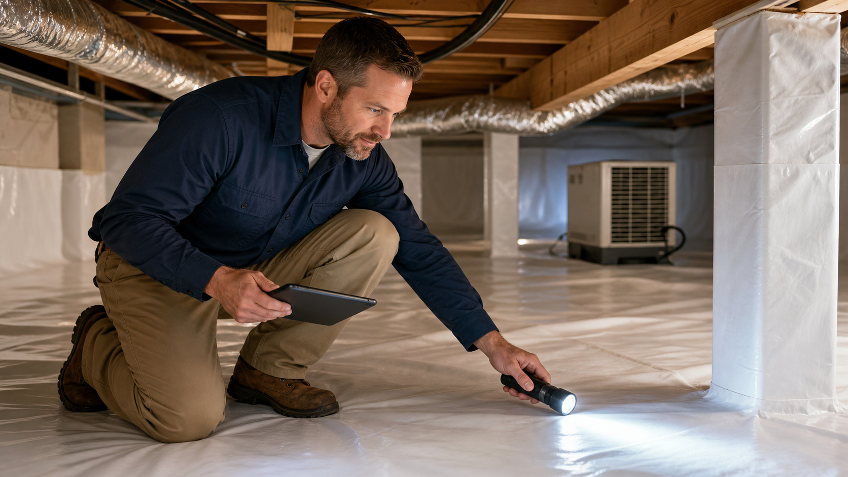 Crawl space technician inspecting a clean encapsulated area in Louisville, KY