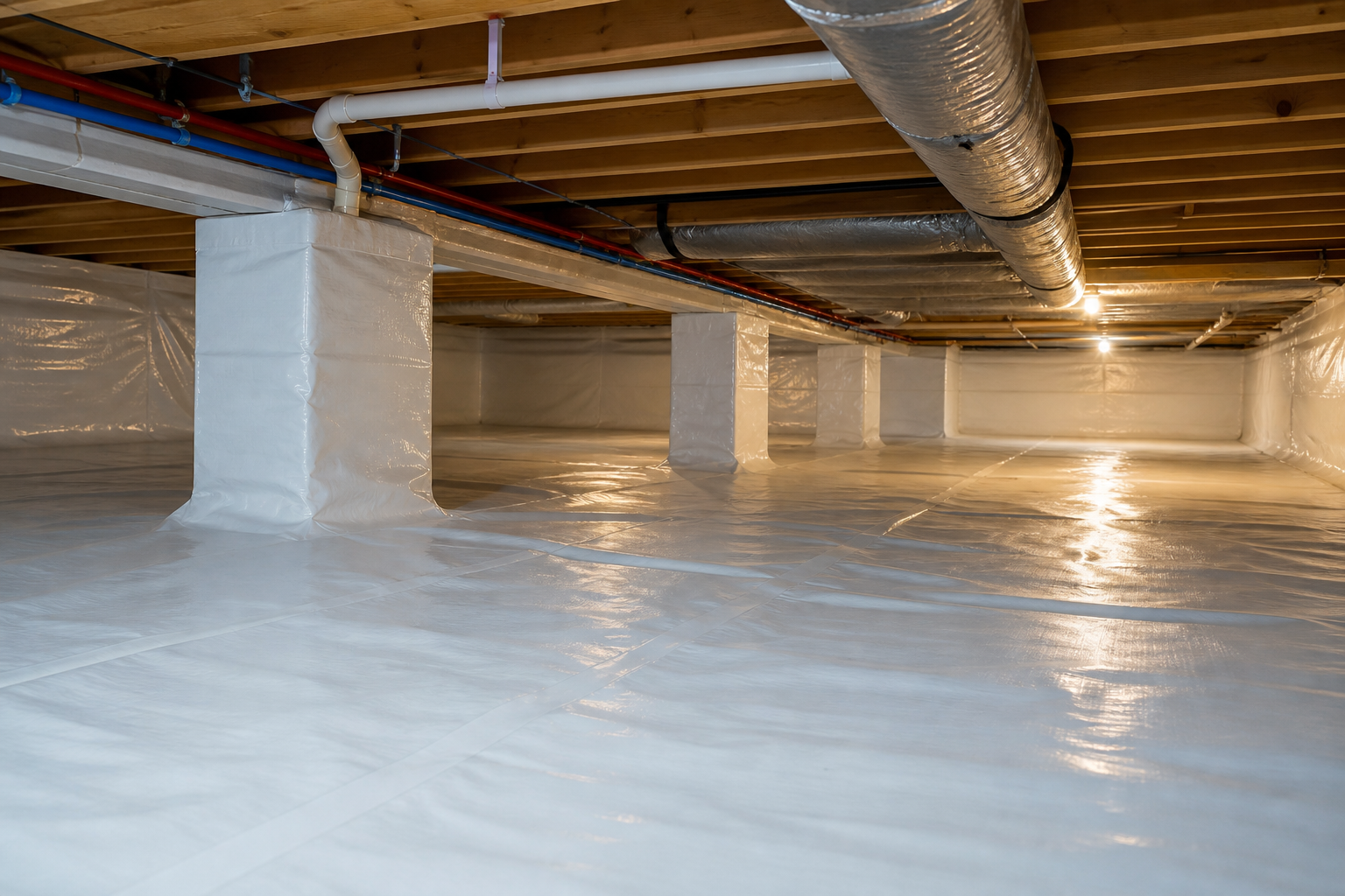 Finished crawl space encapsulation with sealed liner and wrapped piers in Louisville, KY